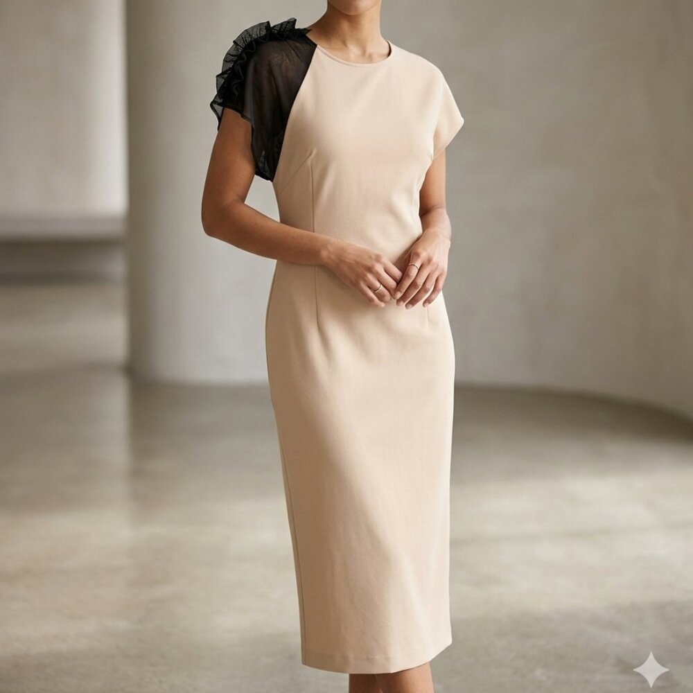 BABYLON COLLECTION CREAM BLACK CINCHED RUFFLE SHEER MESH MIDI FORMAL DRESS - L